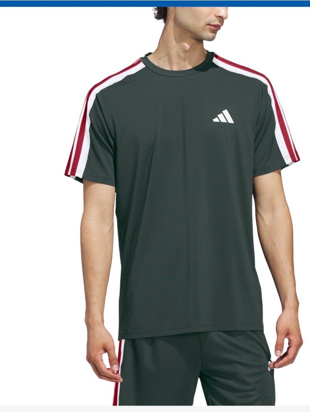 Adidas  Men's Dark Green Short Sleeve Tee with Red and White Shoulder Stripes